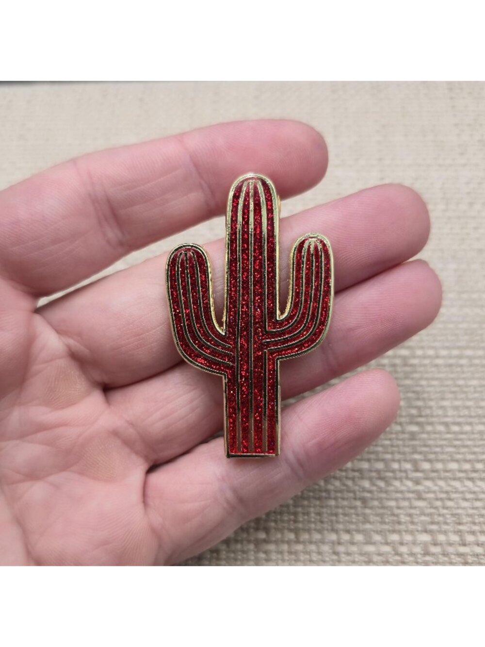 Red Glitter Saguaro Cactus Enamel Pin | Southwest Desert Badge A8609